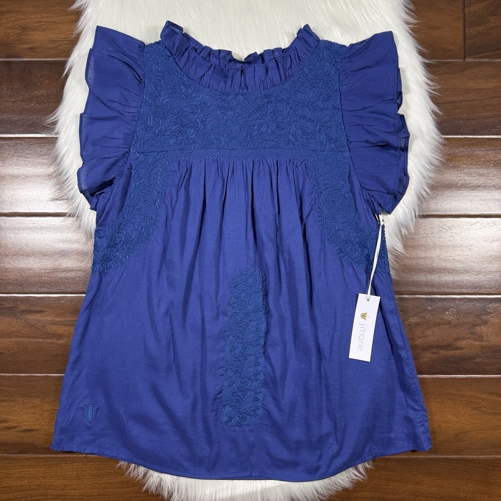 J.Marie Women's Size XS Blue Embroidered Ruffled Kelsea Tunic‎ Top Blouse